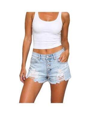 Express Button Fly Shortie Denim Shorts Size 6 High Rise Distressed Cutoff Beach